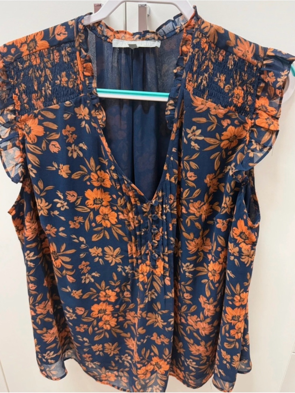 Daniel Rainn Navy Sleeveless V-Neck Blouse with Orange Floral Print, 3X - Picture 2 of 10